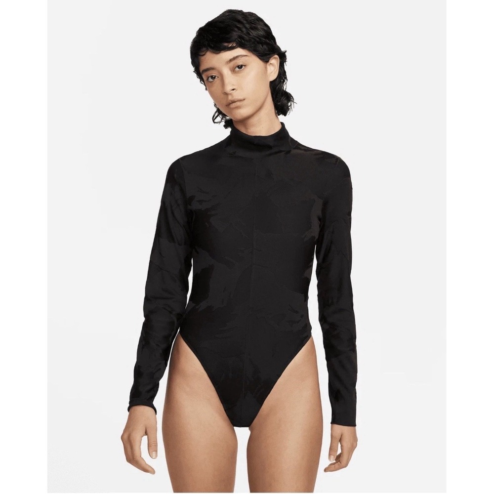 NIKE Tech Pack Women's Medium Bodysuit Black Floral Jacquard Turtleneck DQ6996